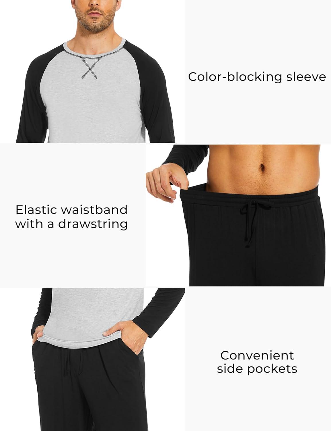 imageGYS Bamboo Viscose Mens Pajama Sets Long Sleeve 2 Piece Lounge Set with PocketsBlack