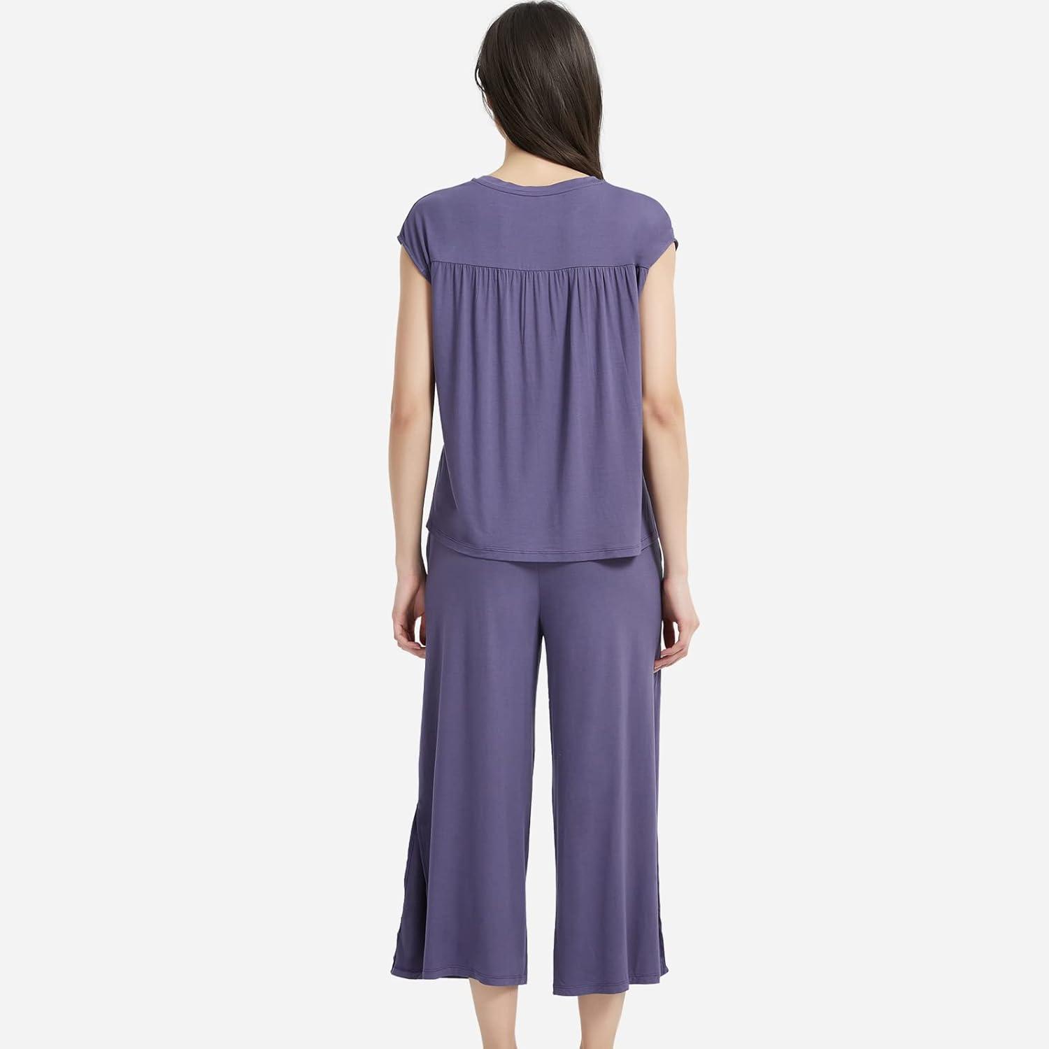 imageGYS Bamboo Viscose Pajamas for Women Set 2 Piece Soft Capri Pants Cap Sleeve Top Lounge Set Comfy Loungewear Sleepwear PJsAir Purple