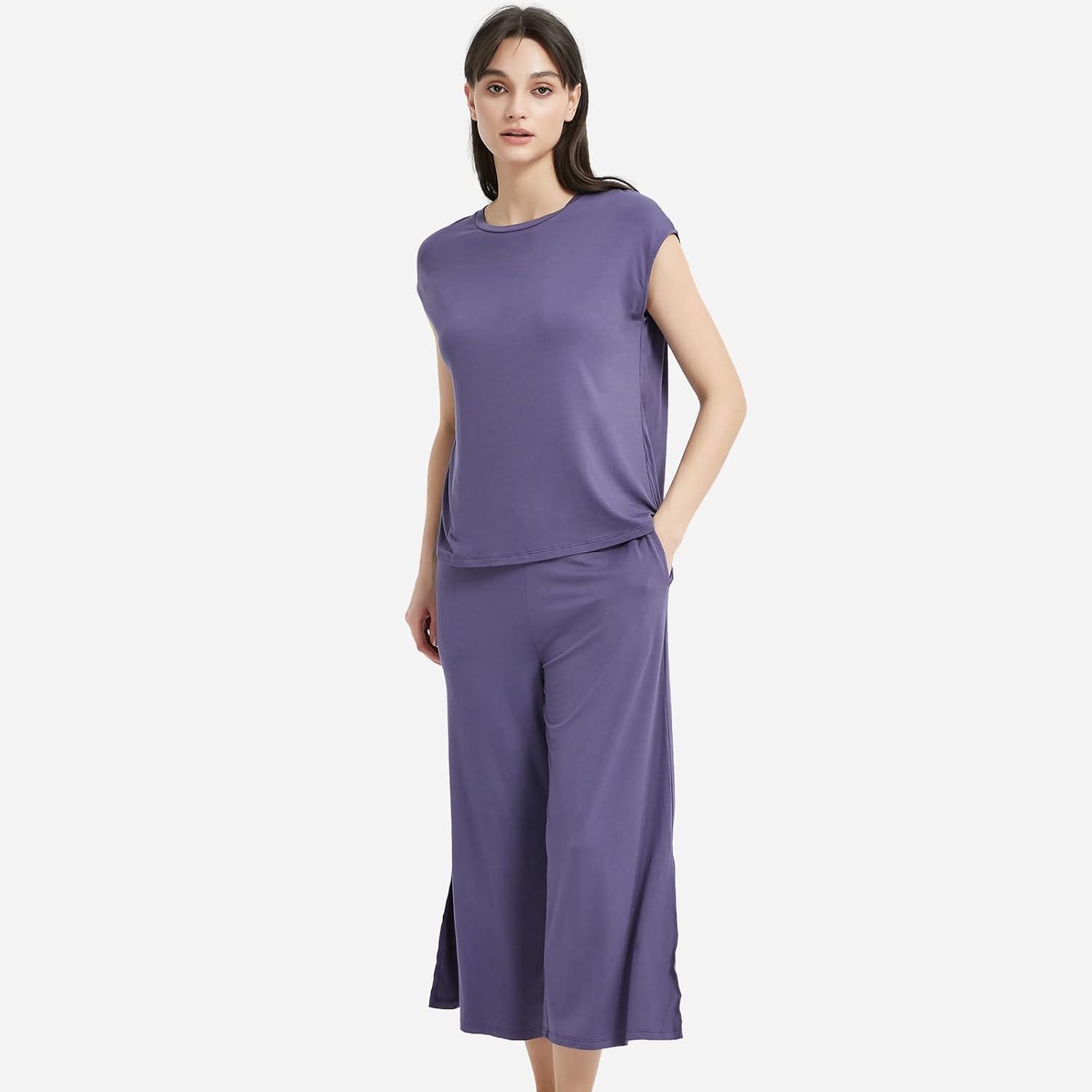imageGYS Bamboo Viscose Pajamas for Women Set 2 Piece Soft Capri Pants Cap Sleeve Top Lounge Set Comfy Loungewear Sleepwear PJsAir Purple