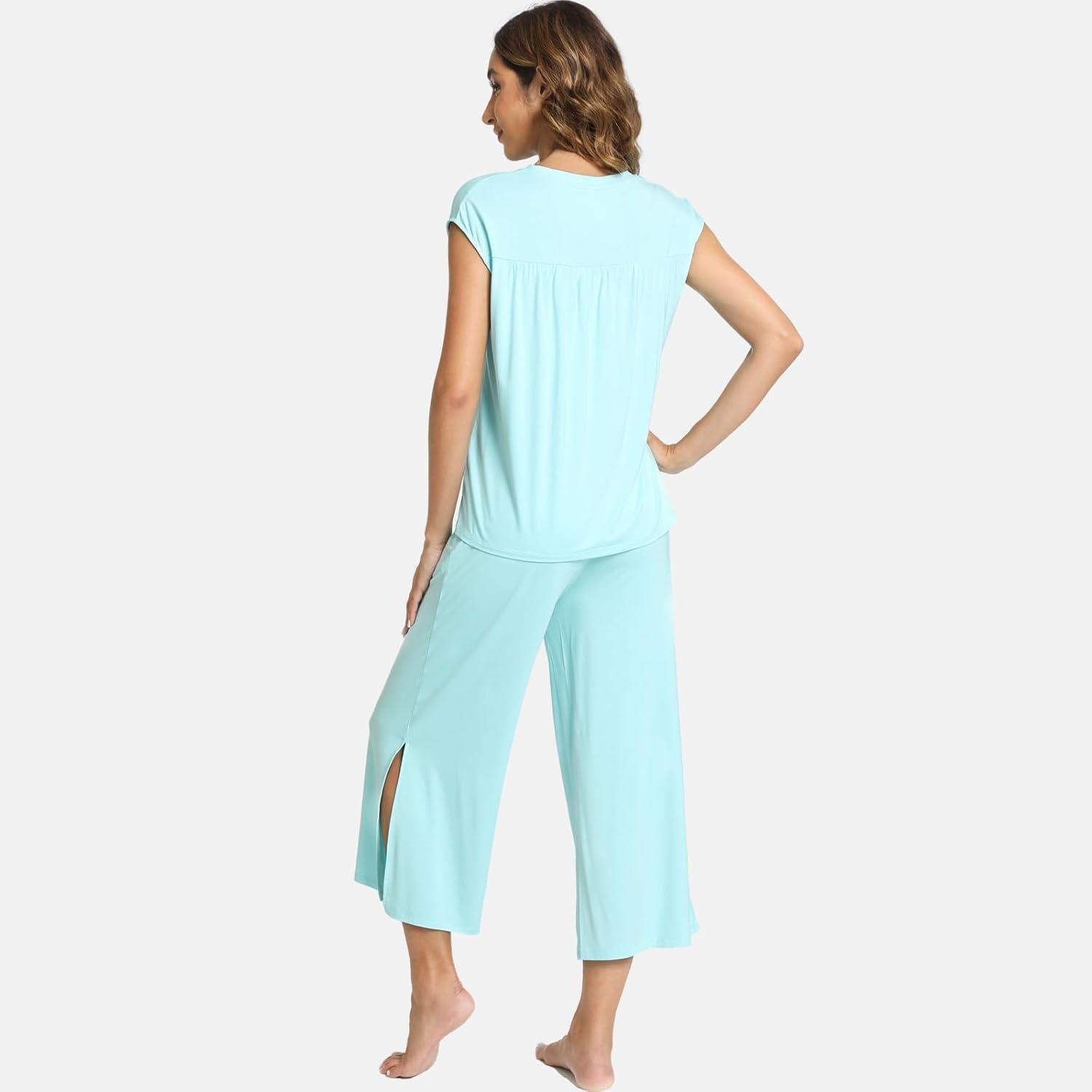imageGYS Bamboo Viscose Pajamas for Women Set 2 Piece Soft Capri Pants Cap Sleeve Top Lounge Set Comfy Loungewear Sleepwear PJsAqua