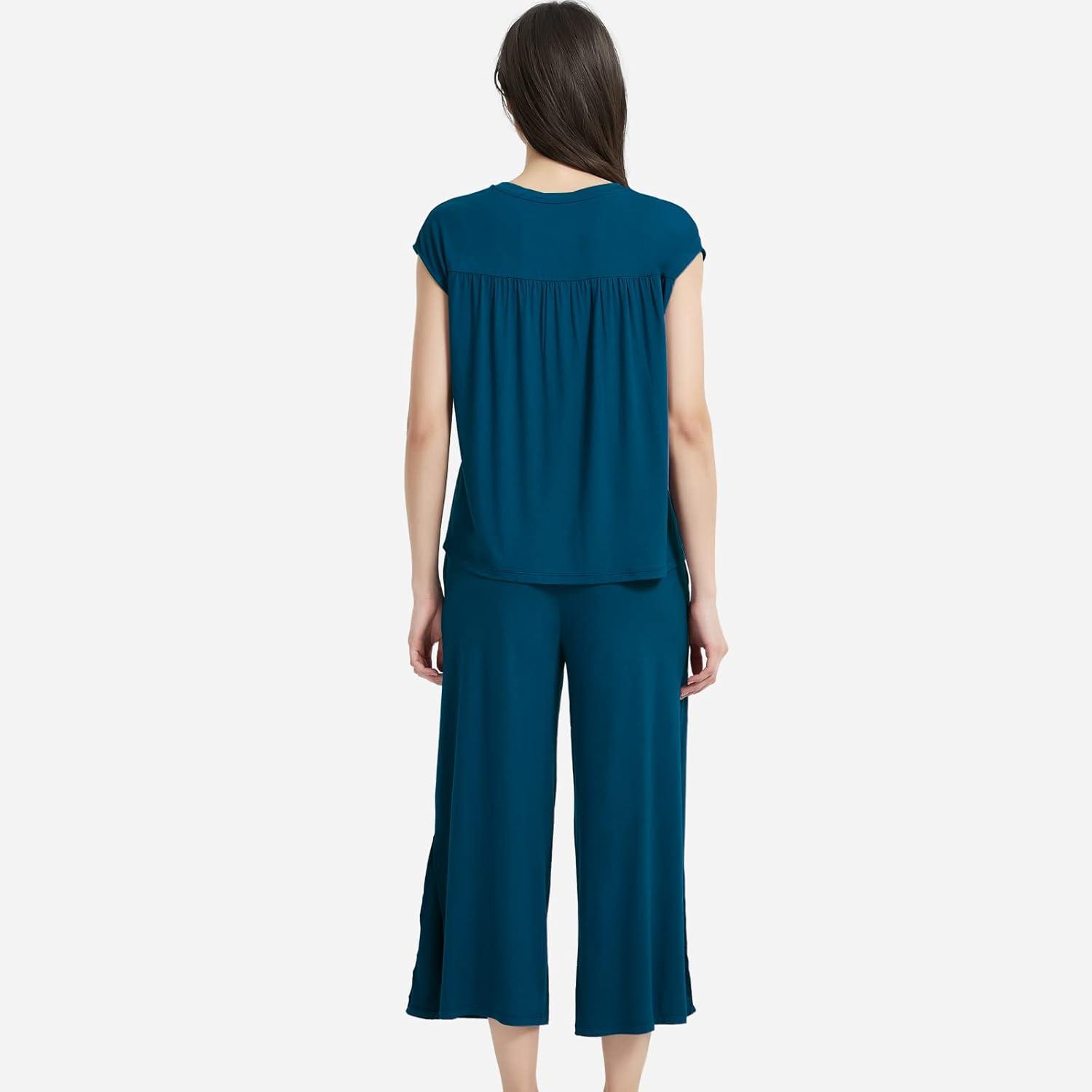 imageGYS Bamboo Viscose Pajamas for Women Set 2 Piece Soft Capri Pants Cap Sleeve Top Lounge Set Comfy Loungewear Sleepwear PJsInk Blue