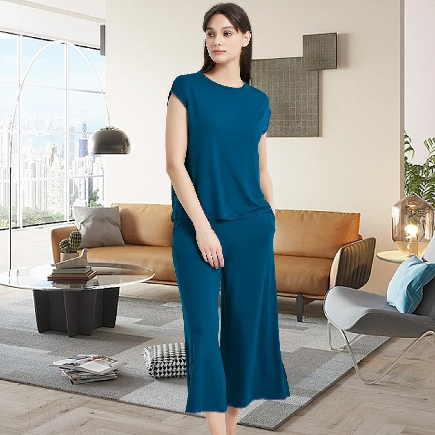 imageGYS Bamboo Viscose Pajamas for Women Set 2 Piece Soft Capri Pants Cap Sleeve Top Lounge Set Comfy Loungewear Sleepwear PJsInk Blue