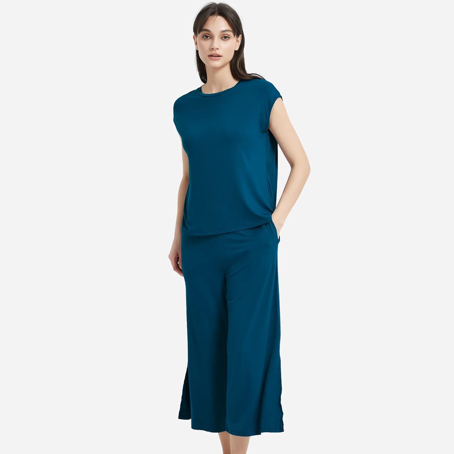 imageGYS Bamboo Viscose Pajamas for Women Set 2 Piece Soft Capri Pants Cap Sleeve Top Lounge Set Comfy Loungewear Sleepwear PJsInk Blue