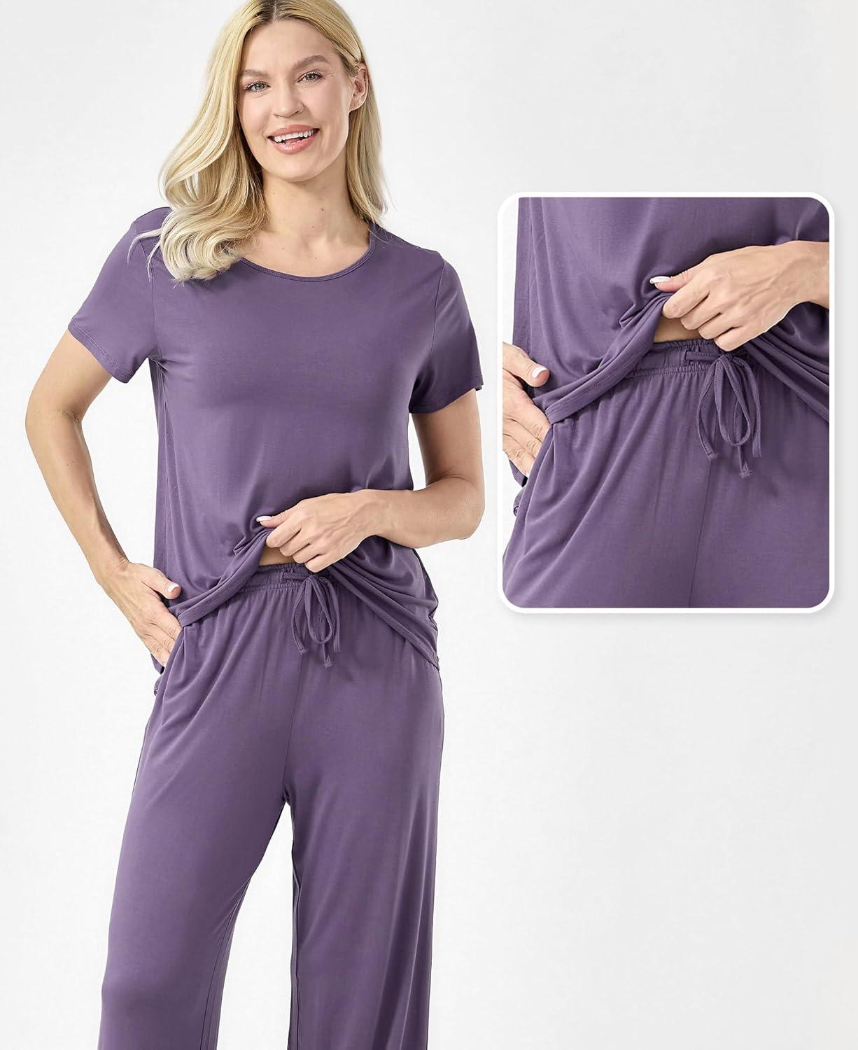 imageGYS Bambooderived Viscose Womens Pajamas Set Short Sleeve Top With Pants 2Piece Sleep SetAir Purple