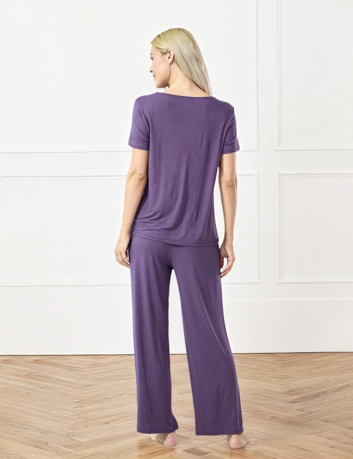 imageGYS Bambooderived Viscose Womens Pajamas Set Short Sleeve Top With Pants 2Piece Sleep SetAir Purple
