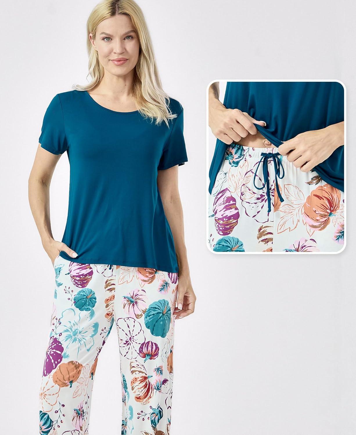 imageGYS Bambooderived Viscose Womens Pajamas Set Short Sleeve Top With Pants 2Piece Sleep SetLyons BluePumpkin