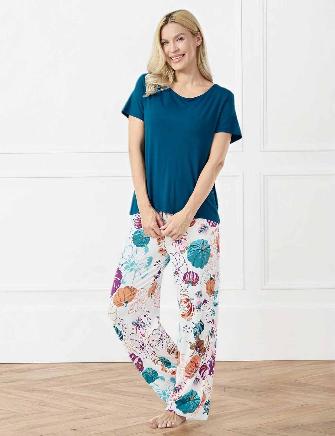 imageGYS Bambooderived Viscose Womens Pajamas Set Short Sleeve Top With Pants 2Piece Sleep SetLyons BluePumpkin