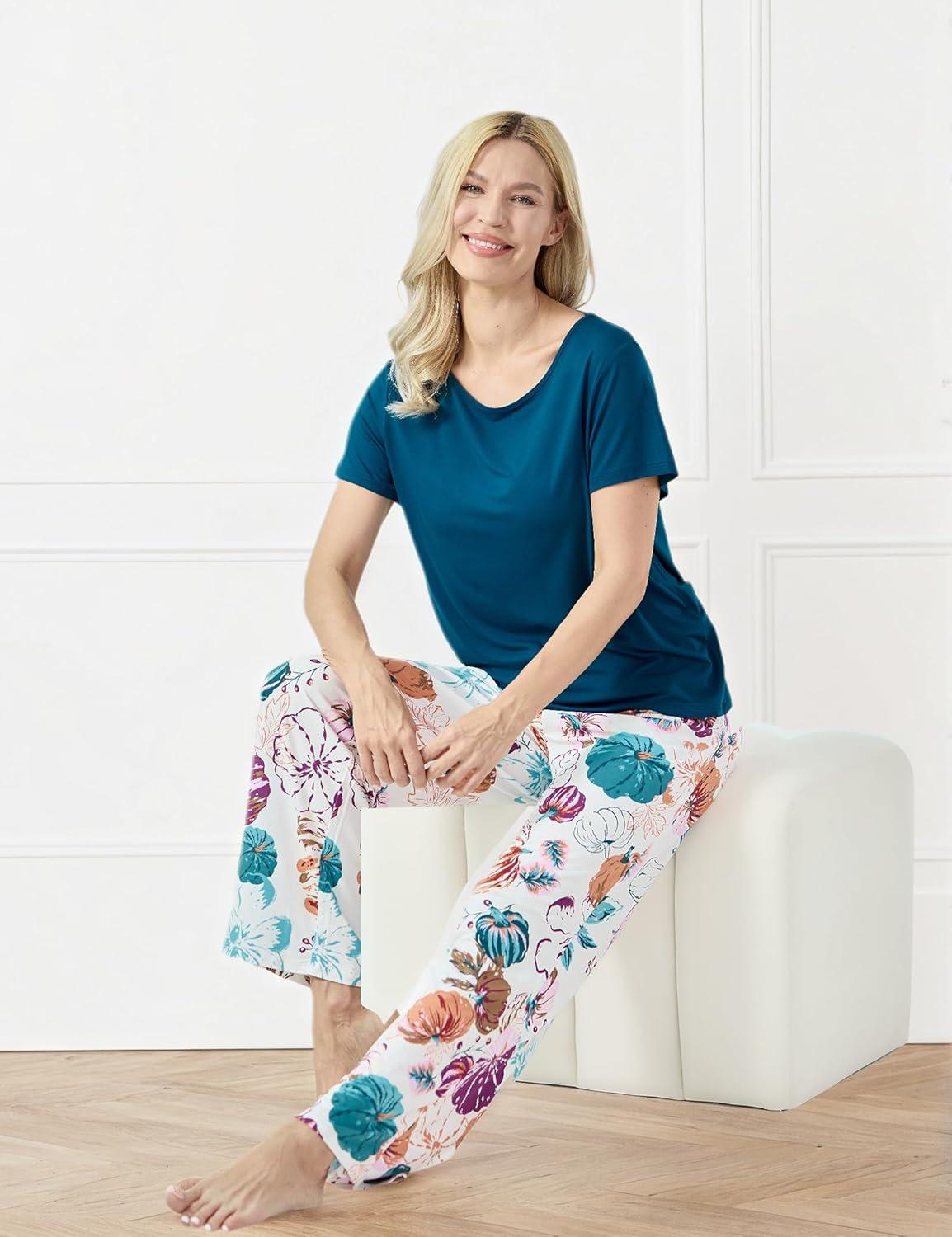 imageGYS Bambooderived Viscose Womens Pajamas Set Short Sleeve Top With Pants 2Piece Sleep SetLyons BluePumpkin