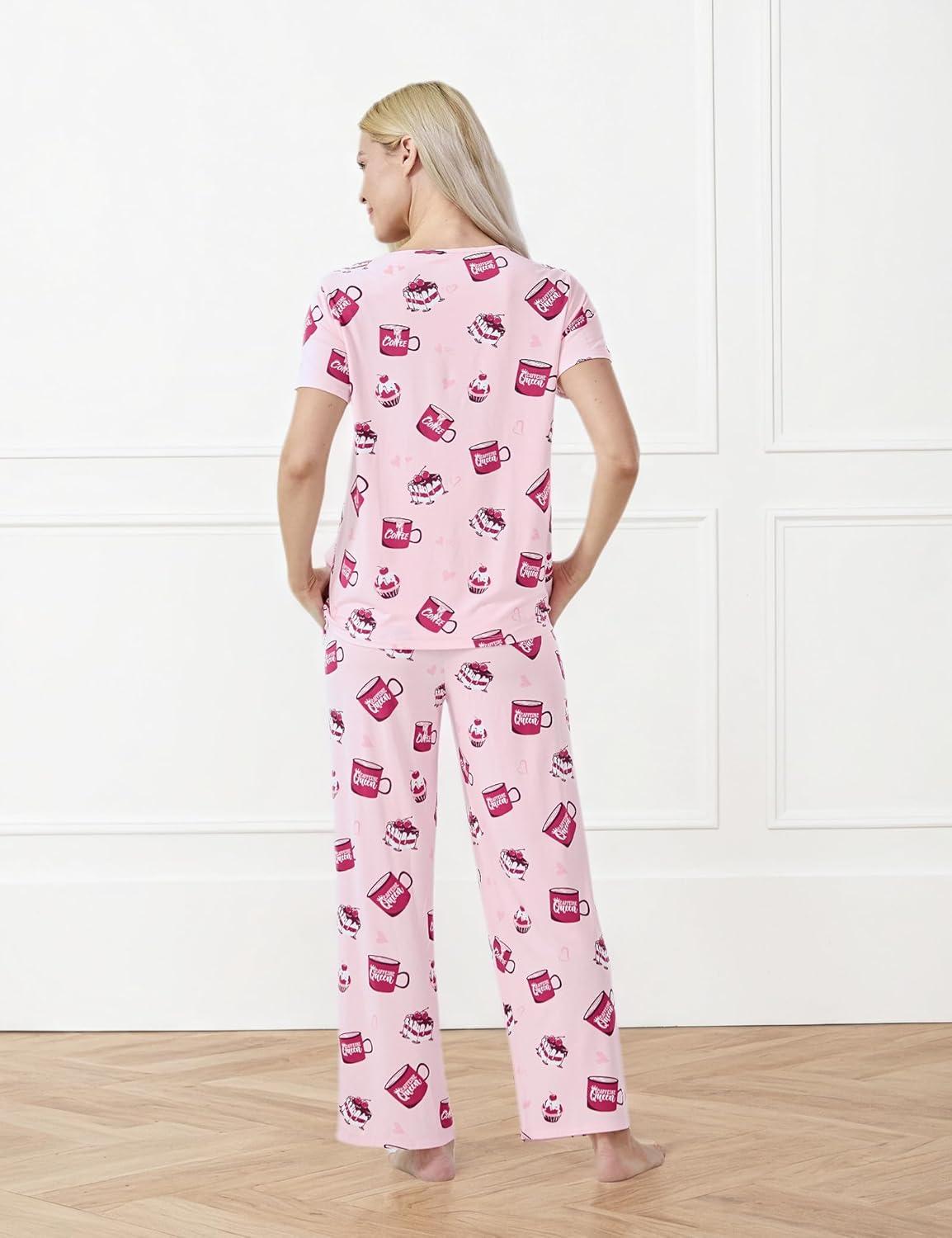 imageGYS Bambooderived Viscose Womens Pajamas Set Short Sleeve Top With Pants 2Piece Sleep SetPink Coffee Cup