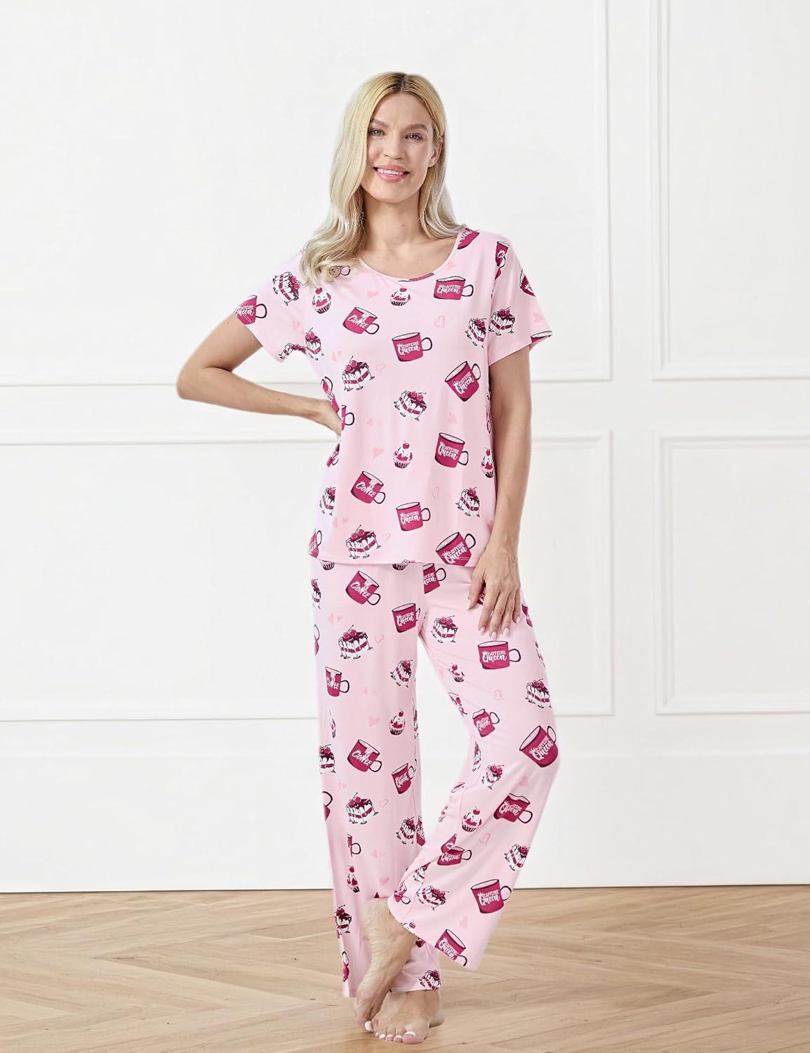 imageGYS Bambooderived Viscose Womens Pajamas Set Short Sleeve Top With Pants 2Piece Sleep SetPink Coffee Cup