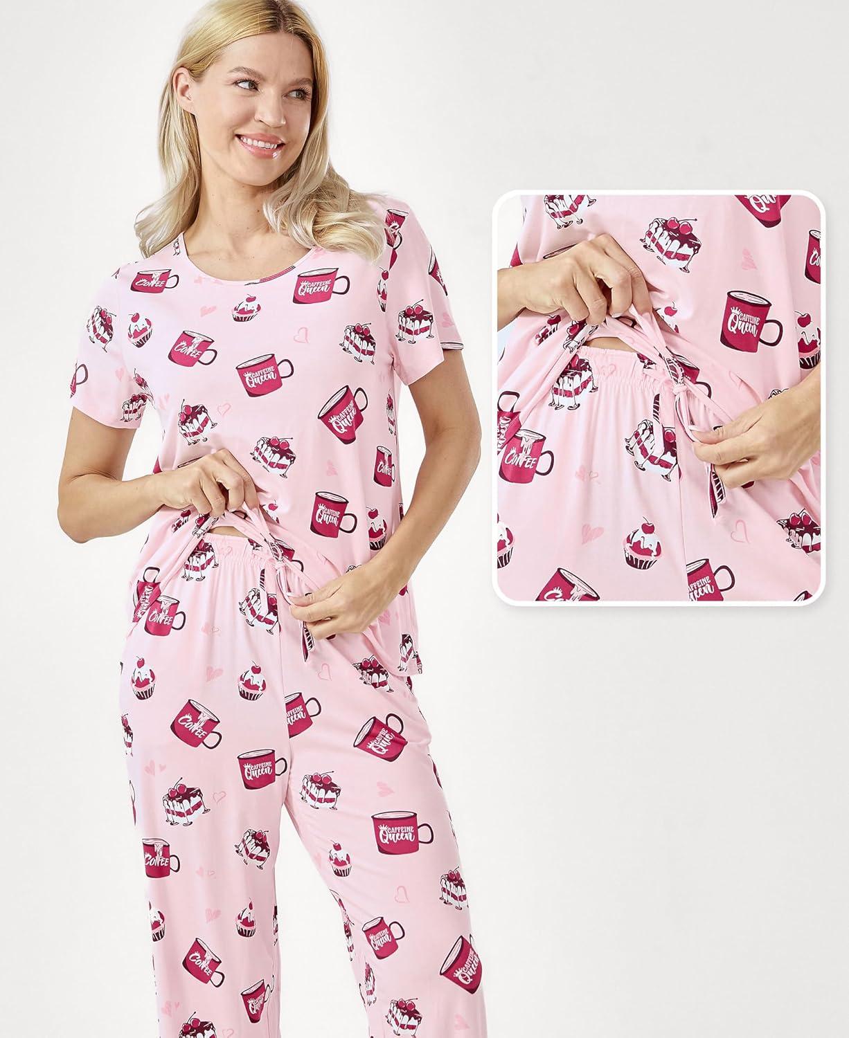 imageGYS Bambooderived Viscose Womens Pajamas Set Short Sleeve Top With Pants 2Piece Sleep SetPink Coffee Cup