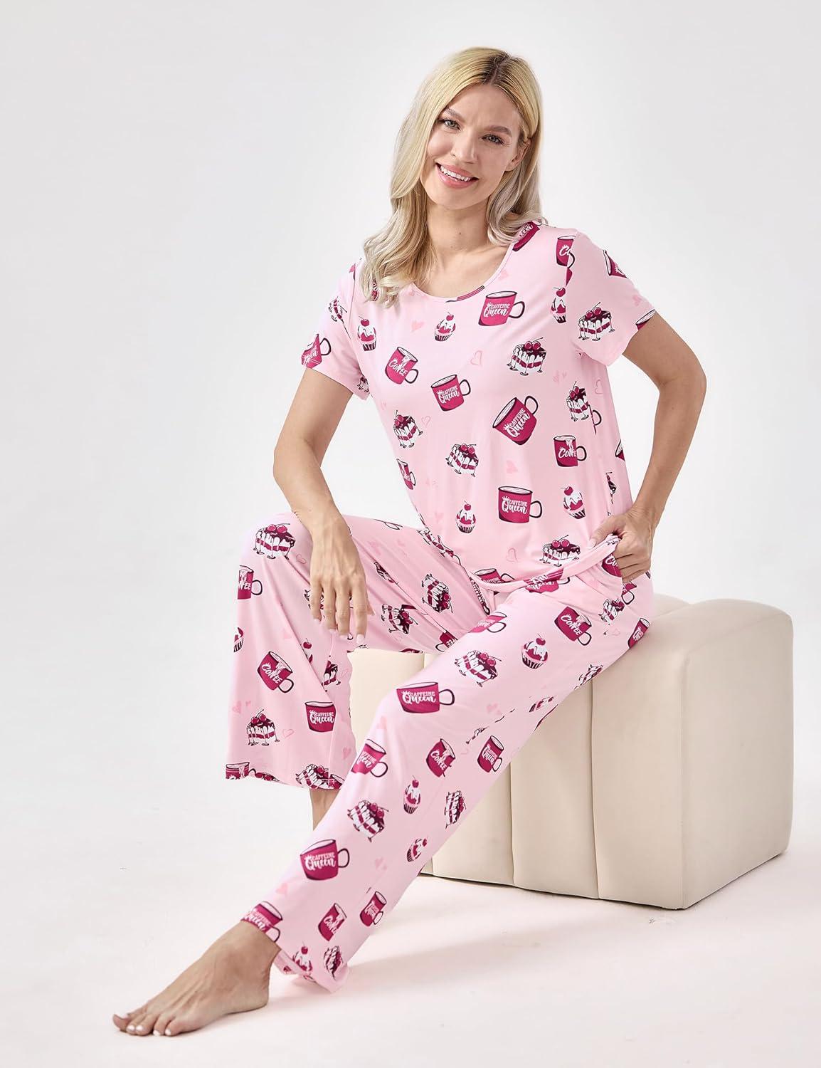 imageGYS Bambooderived Viscose Womens Pajamas Set Short Sleeve Top With Pants 2Piece Sleep SetPink Coffee Cup