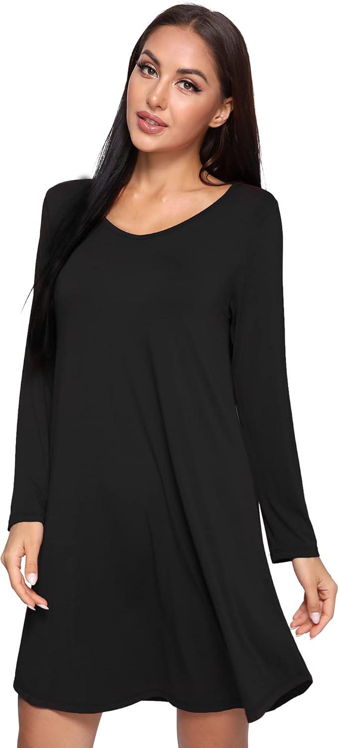 imageGYS Womens Bamboo Viscose Nightgown Super Soft Lightweight Night Shirts for SleepingCrewneck Black