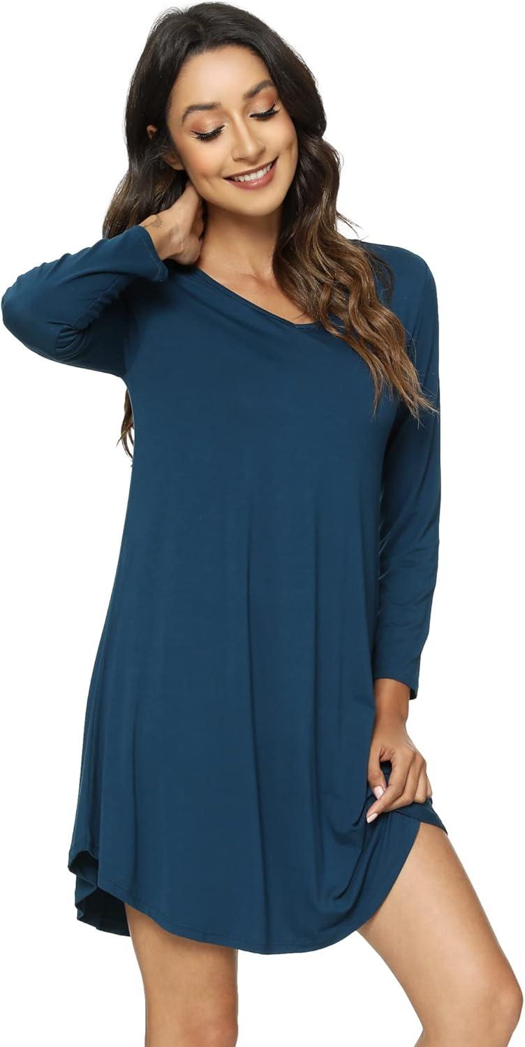 imageGYS Womens Bamboo Viscose Nightgown Super Soft Lightweight Night Shirts for SleepingCrewneck Ink Blue