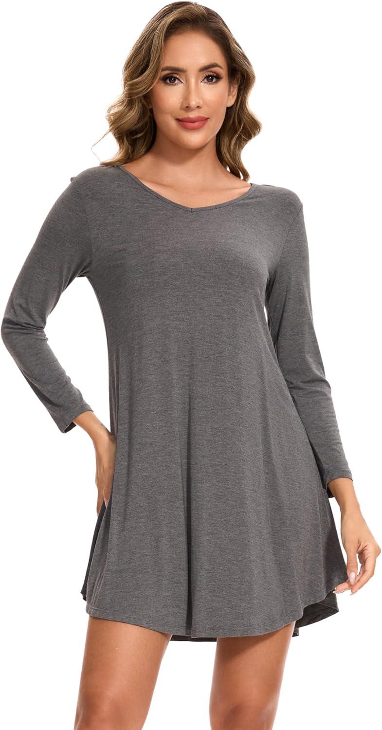 imageGYS Womens Bamboo Viscose Nightgown Super Soft Lightweight Night Shirts for SleepingCrewneckDark Heather Grey