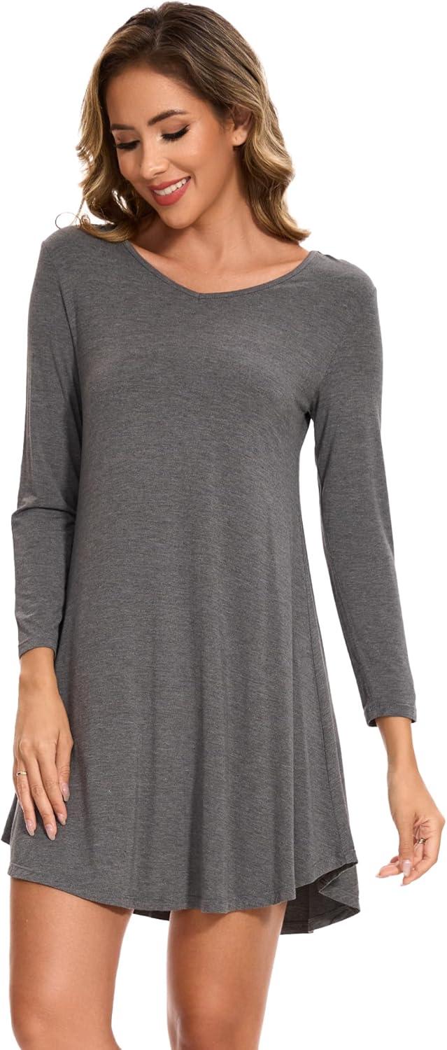 imageGYS Womens Bamboo Viscose Nightgown Super Soft Lightweight Night Shirts for SleepingCrewneckDark Heather Grey