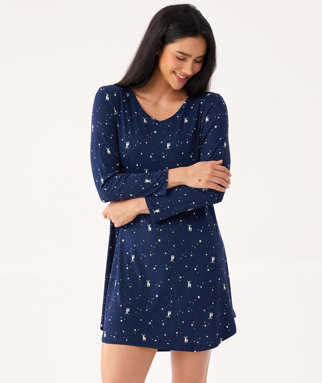 imageGYS Womens Bamboo Viscose Nightgown Super Soft Lightweight Night Shirts for SleepingCrewneckNavy Elk