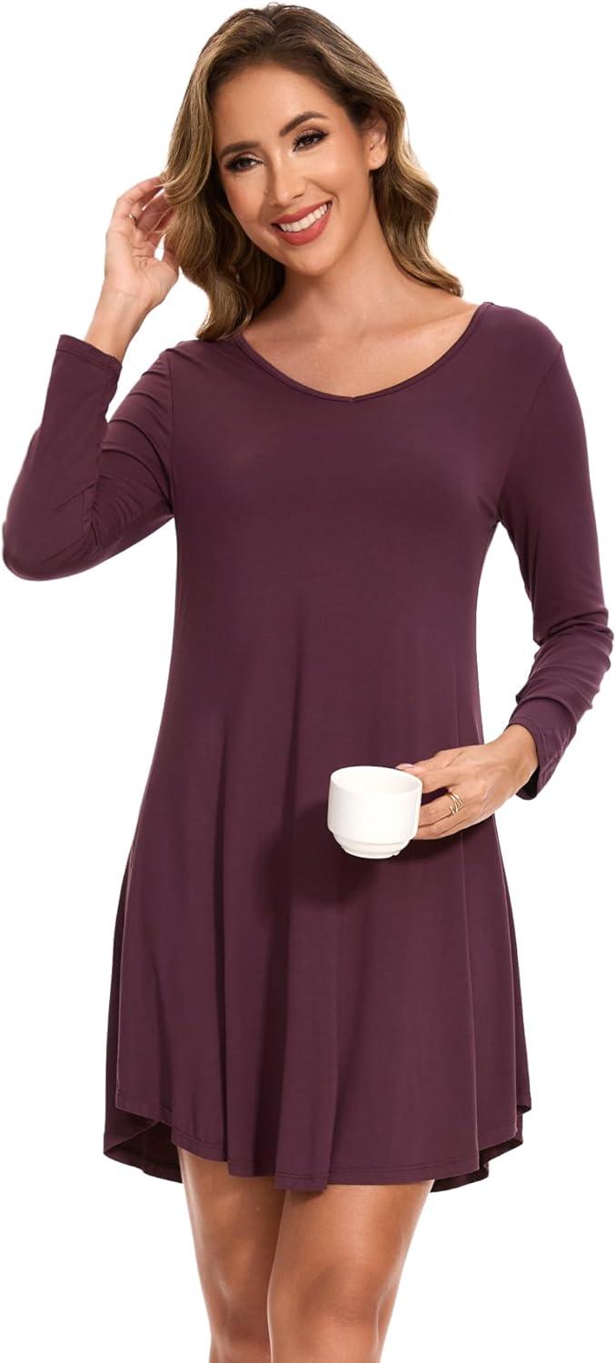 imageGYS Womens Bamboo Viscose Nightgown Super Soft Lightweight Night Shirts for SleepingCrewneckPrune Purple