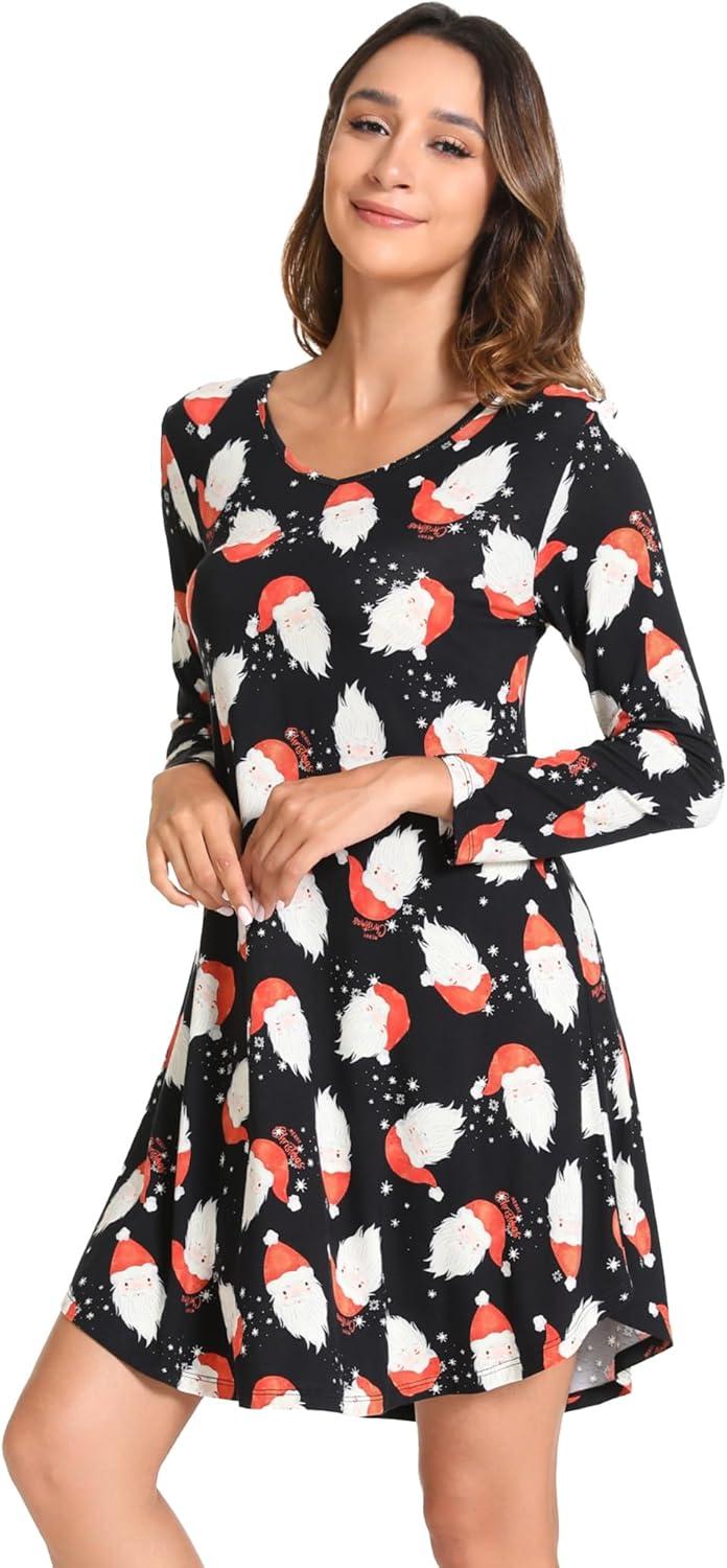 imageGYS Womens Bamboo Viscose Nightgown Super Soft Lightweight Night Shirts for SleepingCrewneckSanta Claus Black