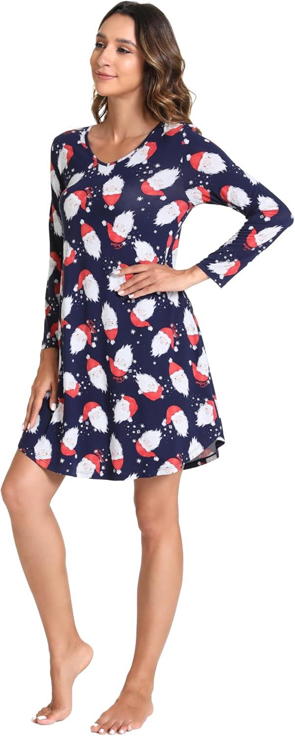 imageGYS Womens Bamboo Viscose Nightgown Super Soft Lightweight Night Shirts for SleepingCrewneckSanta Claus Navy