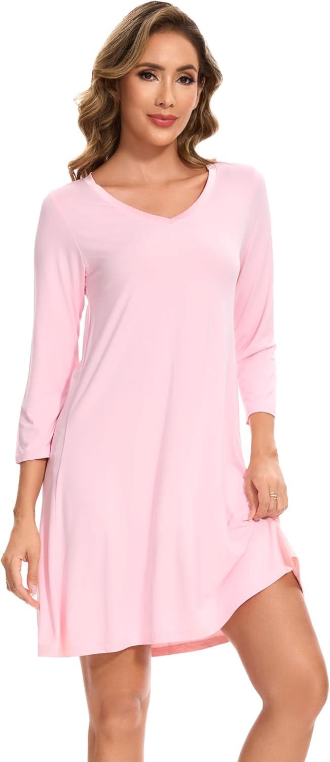 imageGYS Womens Bamboo Viscose Nightgown Super Soft Lightweight Night Shirts for SleepingPink