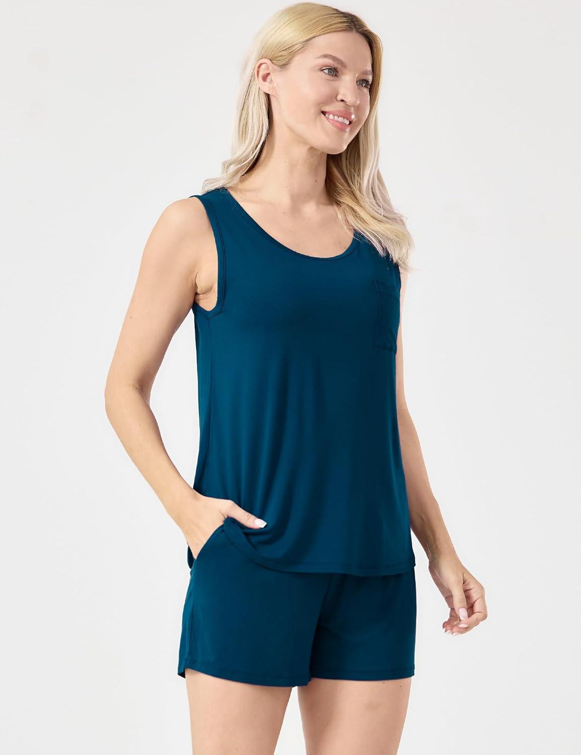 imageGYS Womens Bamboo Viscose Pajamas Set Sleeveless Tank Top and Sleep Shorts Summer Pjs Lightweight Cooling SleepwearInk Blue