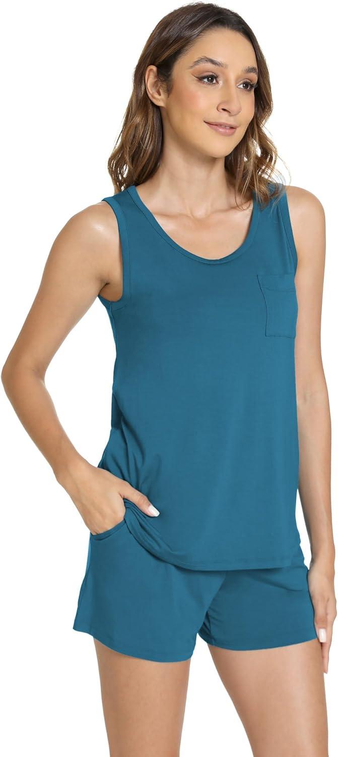 imageGYS Womens Bamboo Viscose Pajamas Set Sleeveless Tank Top and Sleep Shorts Summer Pjs Lightweight Cooling SleepwearTeal Blue