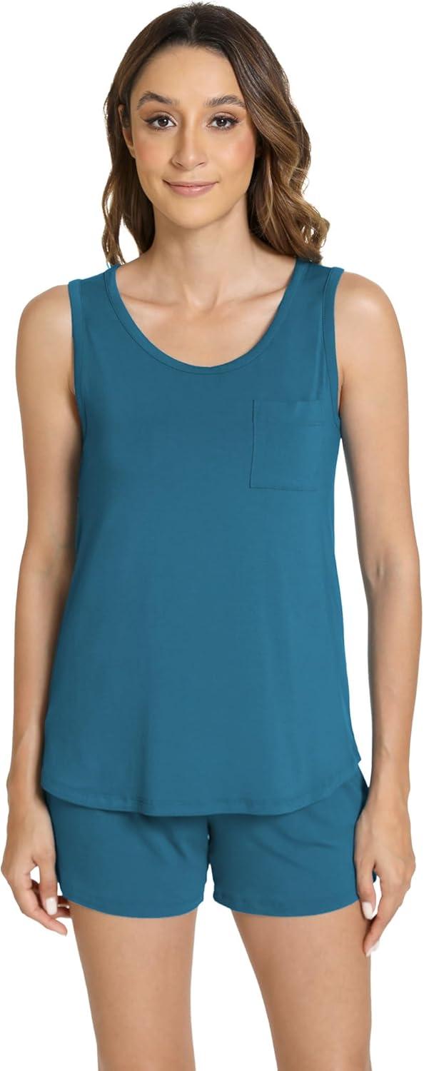 imageGYS Womens Bamboo Viscose Pajamas Set Sleeveless Tank Top and Sleep Shorts Summer Pjs Lightweight Cooling SleepwearTeal Blue