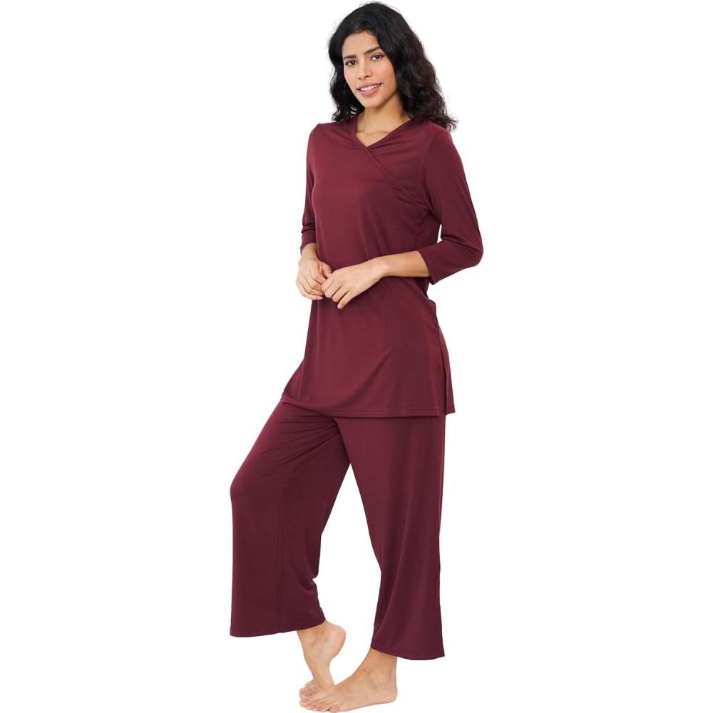 imageGYS Bamboo Viscose Capri Pajamas for Women Set 34 Sleeve Long Shirts and Capri Pants Lounge Sets Soft Sleepwear PJs SetFicus Red