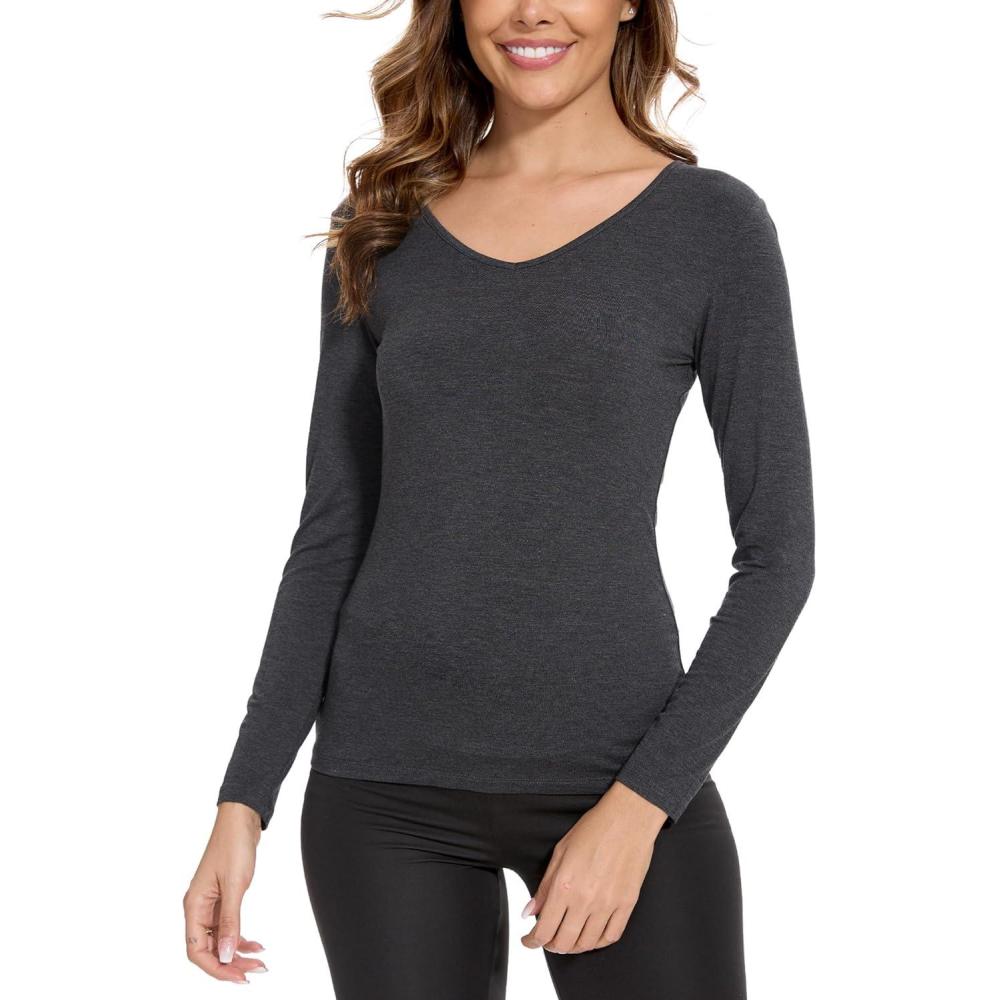 imageGYS Bamboo Viscose Pajama Tops for Women V Neck Slim Fit Basic Long Sleeve T ShirtBlack Melange