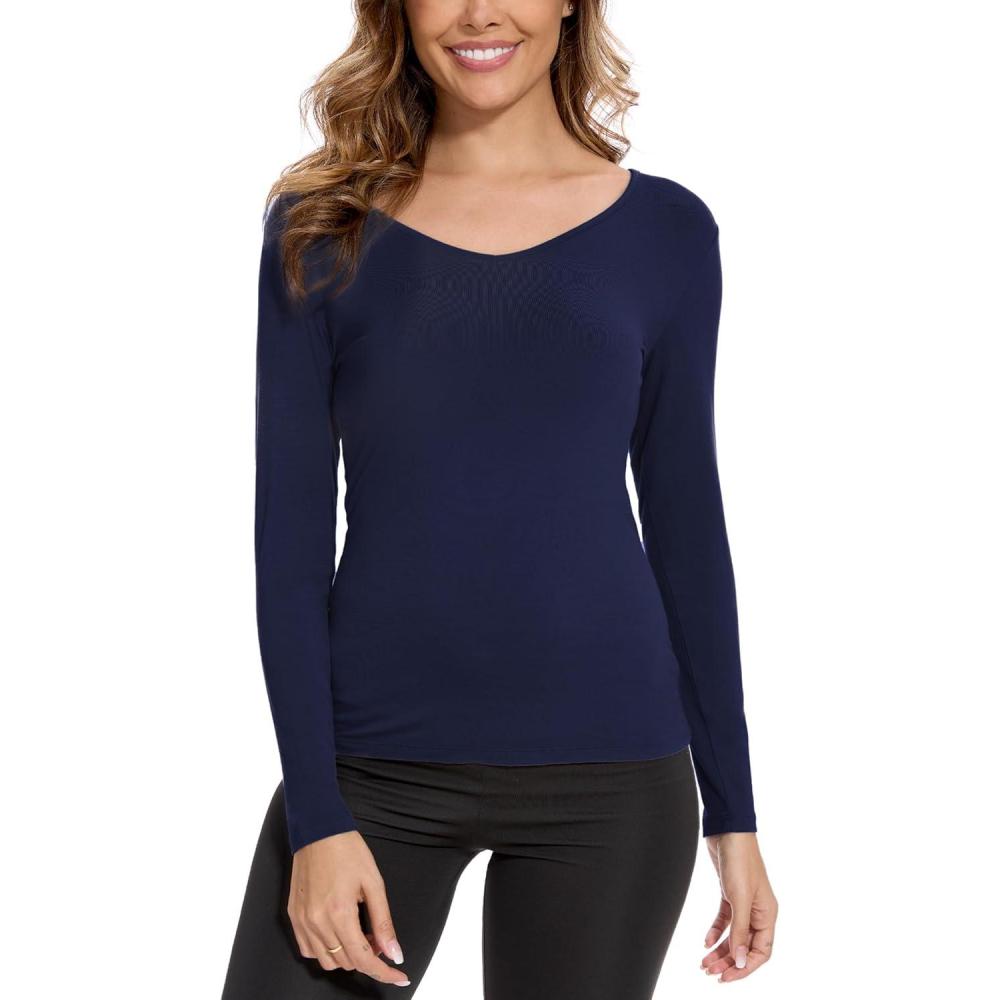 imageGYS Bamboo Viscose Pajama Tops for Women V Neck Slim Fit Basic Long Sleeve T ShirtNavy