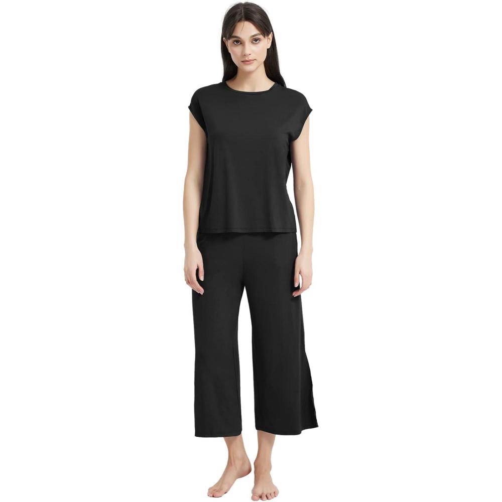 imageGYS Bamboo Viscose Pajamas for Women Set 2 Piece Soft Capri Pants Cap Sleeve Top Lounge Set Comfy Loungewear Sleepwear PJsBlack