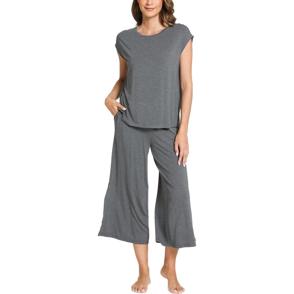 imageGYS Bamboo Viscose Pajamas for Women Set 2 Piece Soft Capri Pants Cap Sleeve Top Lounge Set Comfy Loungewear Sleepwear PJsDark Heather Grey