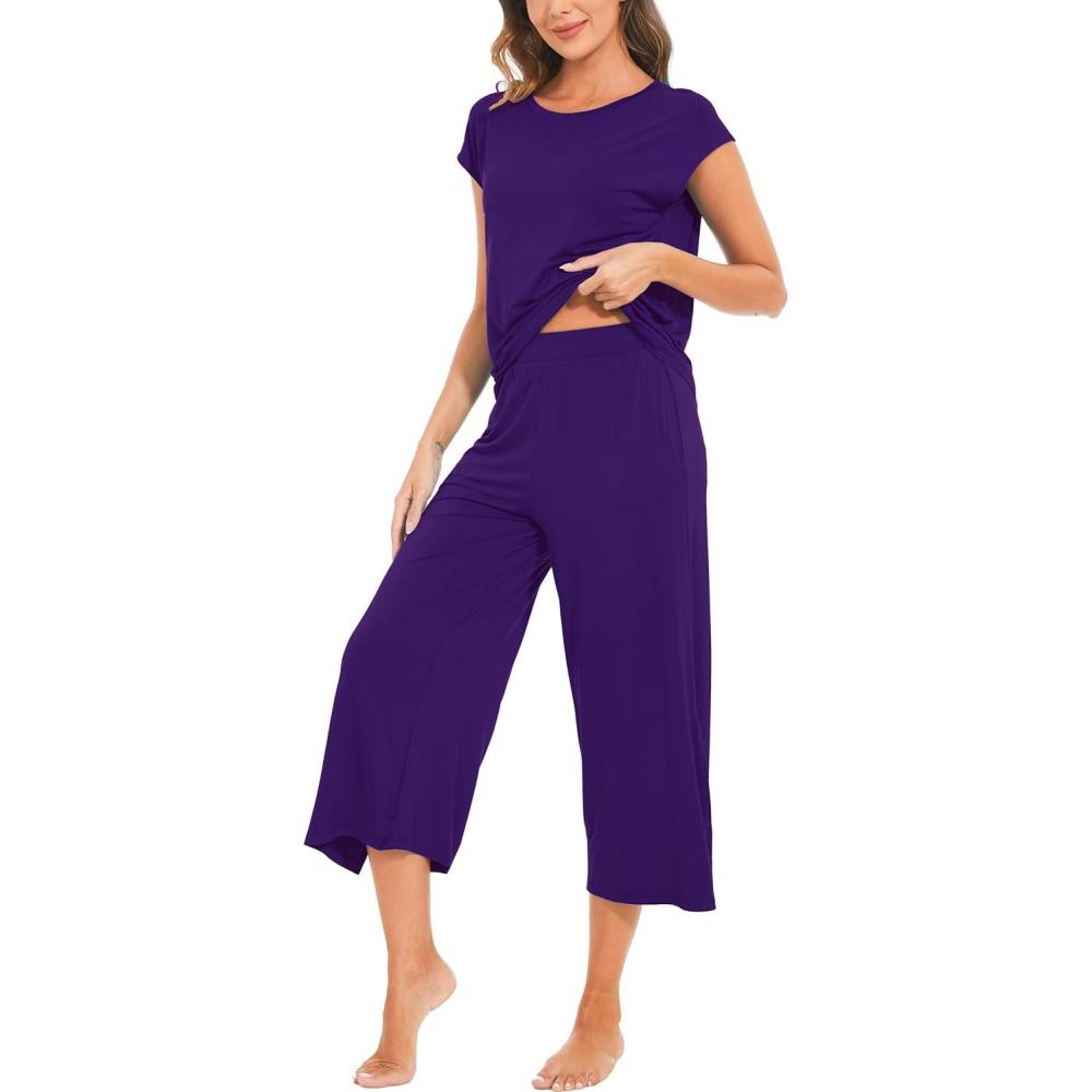 imageGYS Bamboo Viscose Pajamas for Women Set 2 Piece Soft Capri Pants Cap Sleeve Top Lounge Set Comfy Loungewear Sleepwear PJsPurple