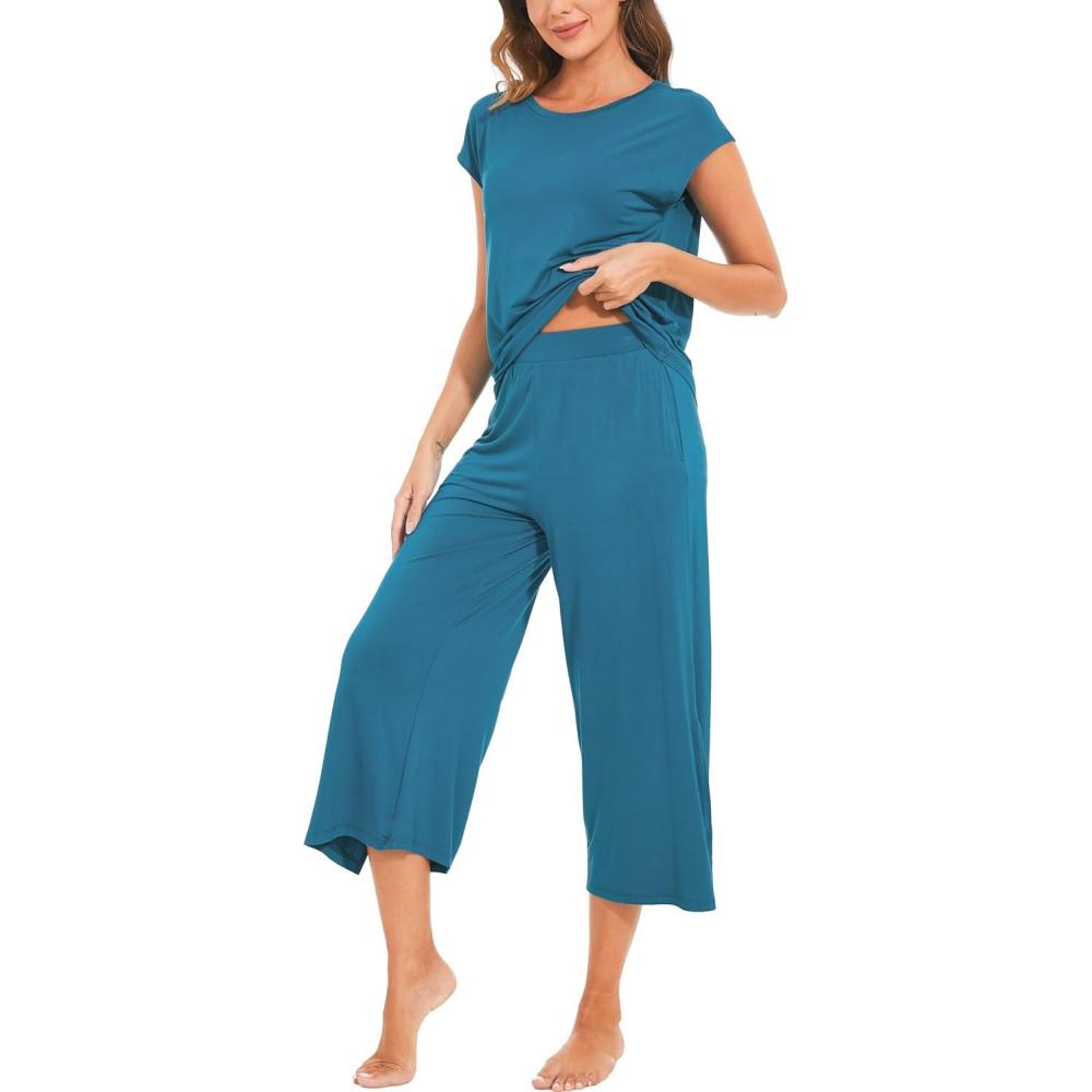 imageGYS Bamboo Viscose Pajamas for Women Set 2 Piece Soft Capri Pants Cap Sleeve Top Lounge Set Comfy Loungewear Sleepwear PJsTeal Blue