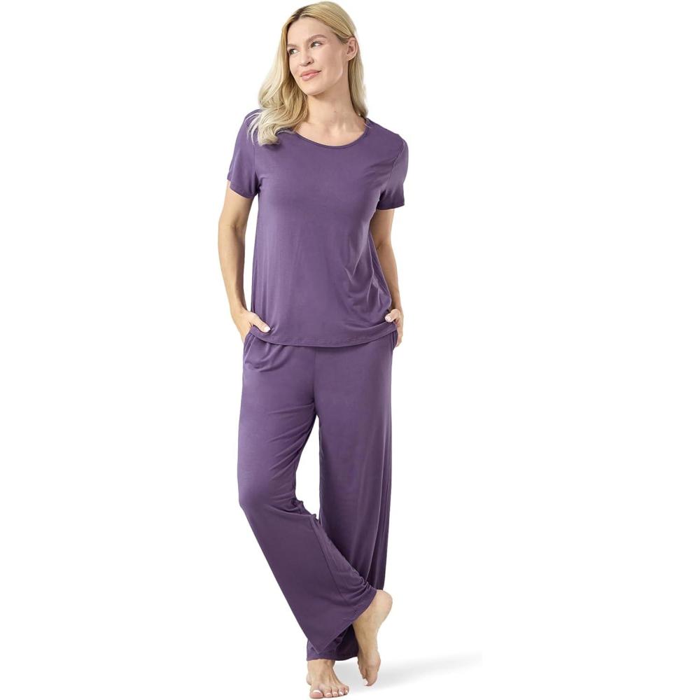 imageGYS Bambooderived Viscose Womens Pajamas Set Short Sleeve Top With Pants 2Piece Sleep SetAir Purple