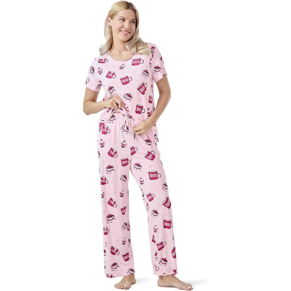imageGYS Bambooderived Viscose Womens Pajamas Set Short Sleeve Top With Pants 2Piece Sleep SetPink Coffee Cup