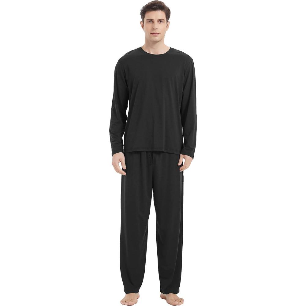 imageGYS Mens Pajamas Set Soft Bamboo Viscose Long Sleeve Sleepwear and Long Pants 2 Piece Pjs Set Sleep Sets with PocketsAblack