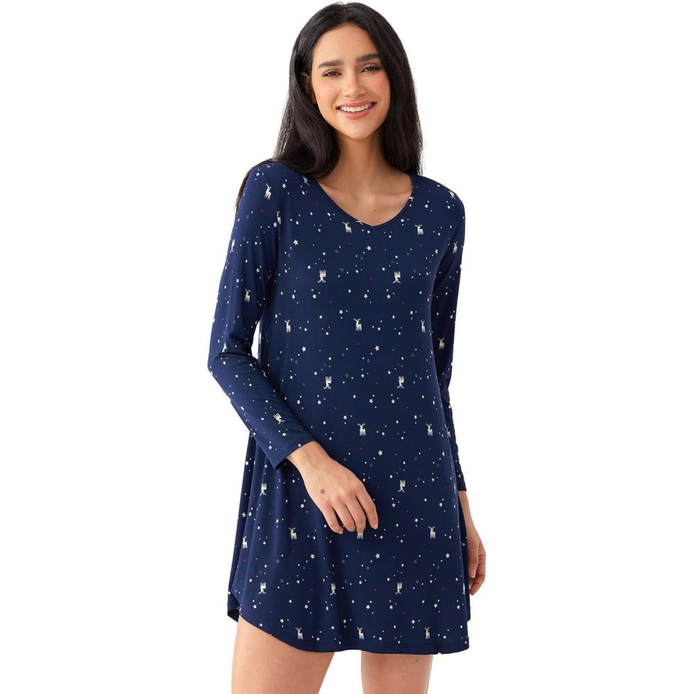 imageGYS Womens Bamboo Viscose Nightgown Super Soft Lightweight Night Shirts for SleepingCrewneckNavy Elk