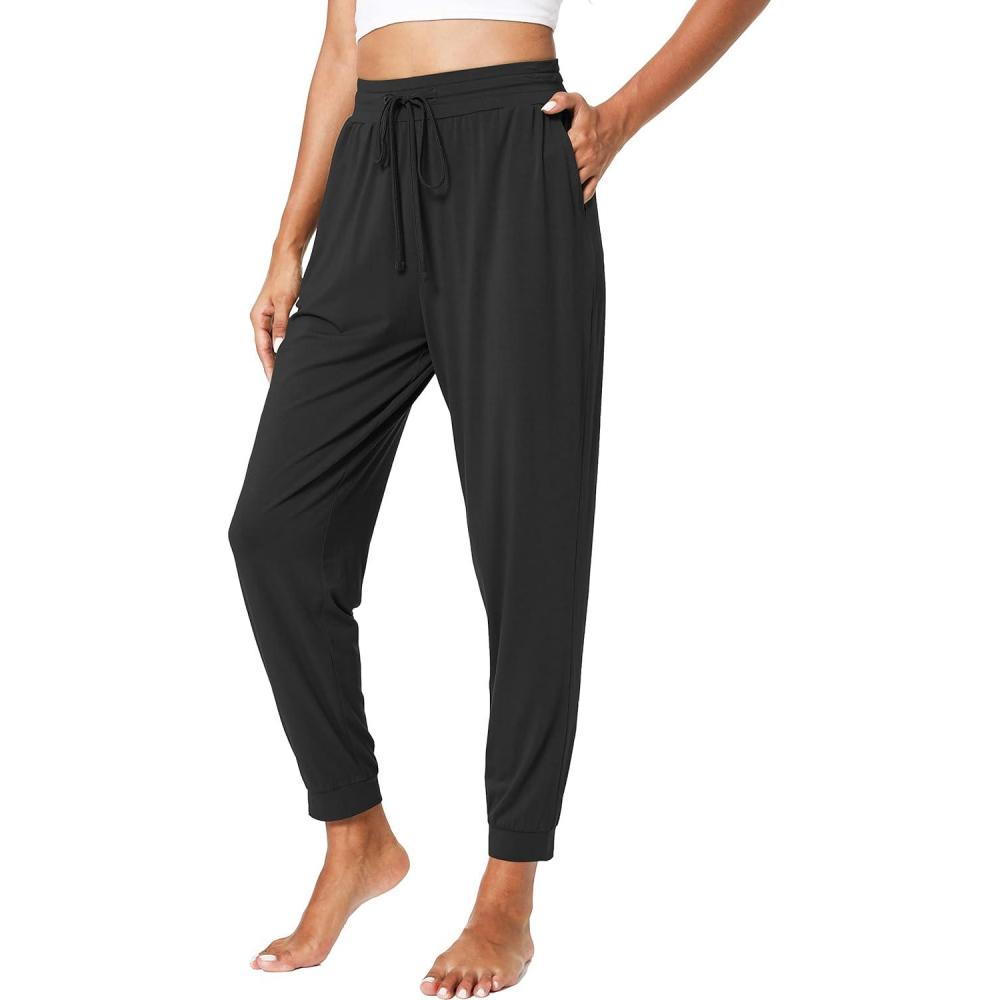 imageLazyCozy Bamboo Viscose Jogger Pajama Pants for Women Soft Lightweight Knit Sleep Pants with PocketsBlack