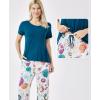 GYS Bamboo-derived Viscose Women’s Pajamas Set Short Sleeve Top With Pants 2-Piece Sleep Set(Lyons Blue/Pumpkin)