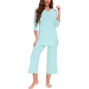 GYS Bamboo Viscose Capri Pajamas for Women Set, 3/4 Sleeve Long Shirts and Capri Pants Lounge Sets, Soft Sleepwear PJs Set(Aqua)