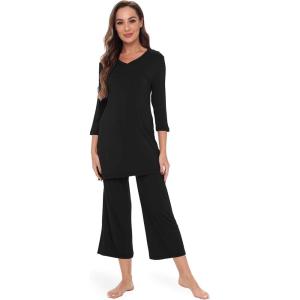 GYS Bamboo Viscose Capri Pajamas for Women Set, 3/4 Sleeve Long Shirts and Capri Pants Lounge Sets, Soft Sleepwear PJs Set(Black)