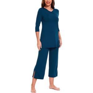 GYS Bamboo Viscose Capri Pajamas for Women Set, 3/4 Sleeve Long Shirts and Capri Pants Lounge Sets, Soft Sleepwear PJs Set(Ink Blue)