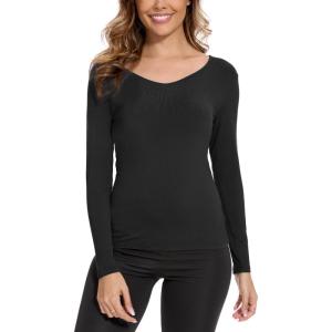 GYS Bamboo Viscose Pajama Tops for Women V Neck Slim Fit Basic Long Sleeve T Shirt(Black)