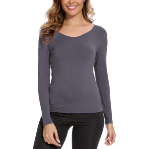 GYS Bamboo Viscose Pajama Tops for Women V Neck Slim Fit Basic Long Sleeve T Shirt(Dark Grey)