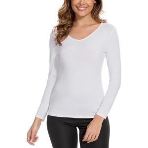 GYS Bamboo Viscose Pajama Tops for Women V Neck Slim Fit Basic Long Sleeve T Shirt(White)