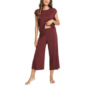 GYS Bamboo Viscose Pajamas for Women Set, 2 Piece Soft Capri Pants Cap Sleeve Top Lounge Set, Comfy Loungewear Sleepwear PJs(Ficus Red)
