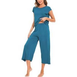 GYS Bamboo Viscose Pajamas for Women Set, 2 Piece Soft Capri Pants Cap Sleeve Top Lounge Set, Comfy Loungewear Sleepwear PJs(Teal Blue)