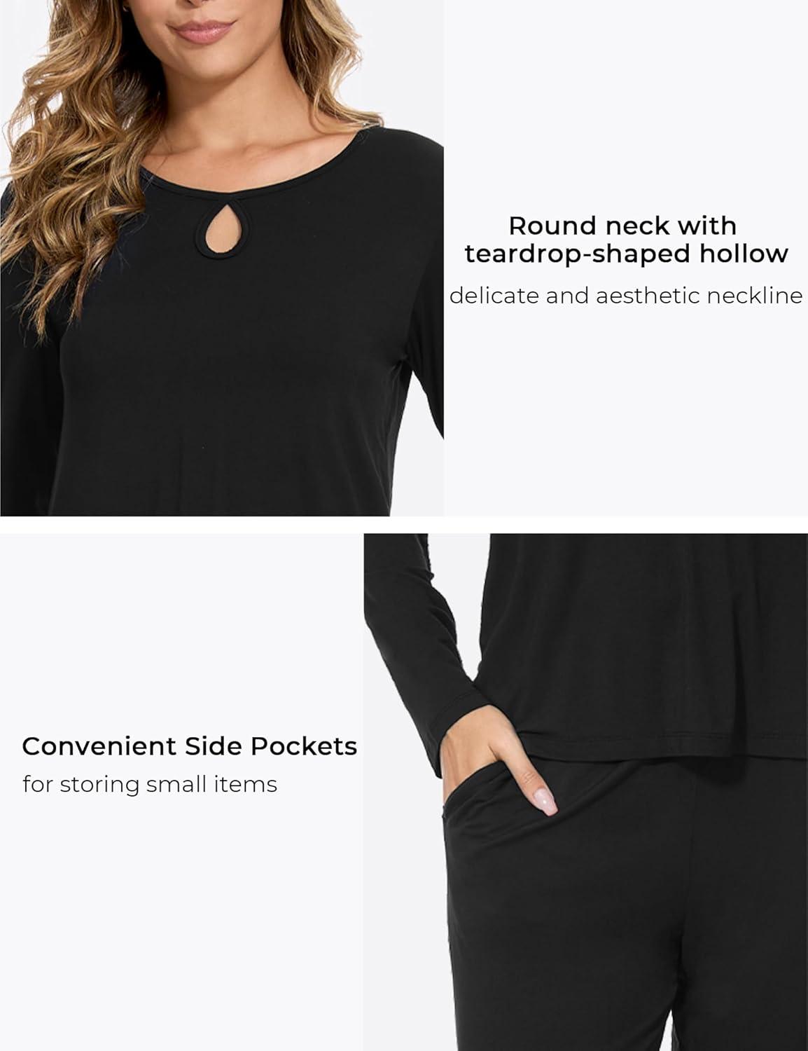 imageGYS Bamboo Viscose Pajamas Set for Women Crew Neck Long Sleeve Sleepwear Soft Loungewear SetBlack